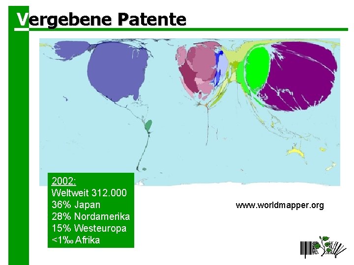 Vergebene Patente 2002: Weltweit 312. 000 36% Japan 28% Nordamerika 15% Westeuropa <1‰ Afrika