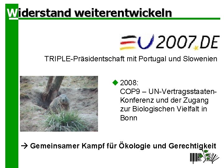 Widerstand weiterentwickeln TRIPLE-Präsidentschaft mit Portugal und Slowenien 2008: COP 9 – UN-Vertragsstaaten. Konferenz und