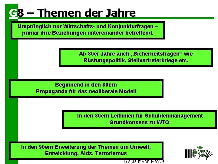 G 8 – Themen der Jahre Ursprünglich nur Wirtschafts- und Konjunkturfragen – primär ihre