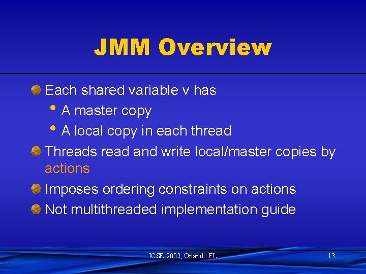 JMM Overview Each shared variable v has • A master copy • A local