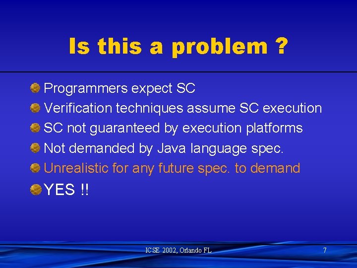 Is this a problem ? Programmers expect SC Verification techniques assume SC execution SC