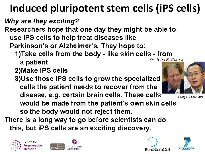 Induced pluripotent stem cells (i. PS cells) Why are they exciting? Researchers hope that