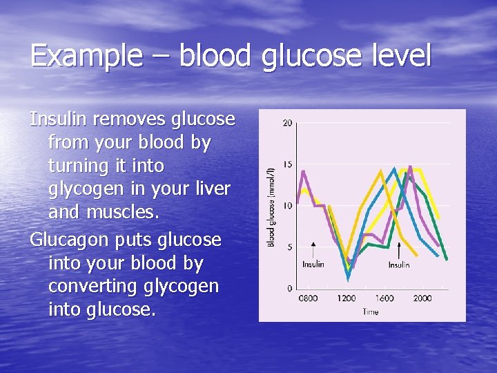 Example – blood glucose level Insulin removes glucose from your blood by turning it