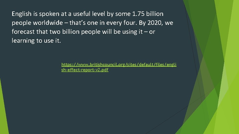 English is spoken at a useful level by some 1. 75 billion people worldwide