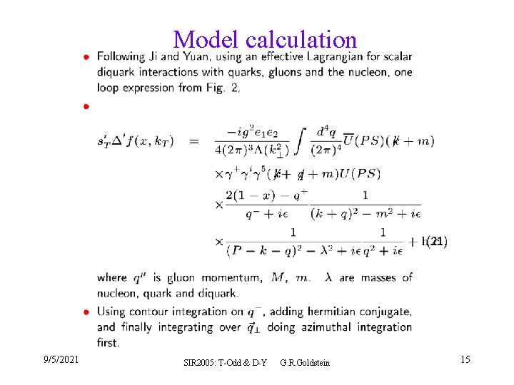 Model calculation 9/5/2021 SIR 2005: T-Odd & D-Y G. R. Goldstein 15 