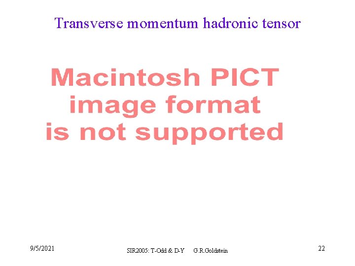 Transverse momentum hadronic tensor 9/5/2021 SIR 2005: T-Odd & D-Y G. R. Goldstein 22