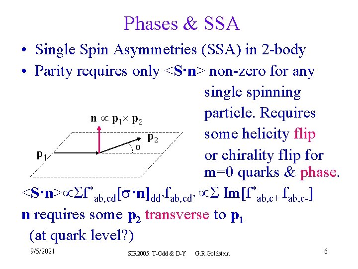 Phases & SSA • Single Spin Asymmetries (SSA) in 2 -body • Parity requires