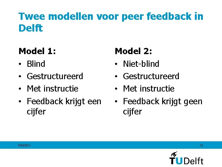 Twee modellen voor peer feedback in Delft Model 1: • Blind • Gestructureerd •