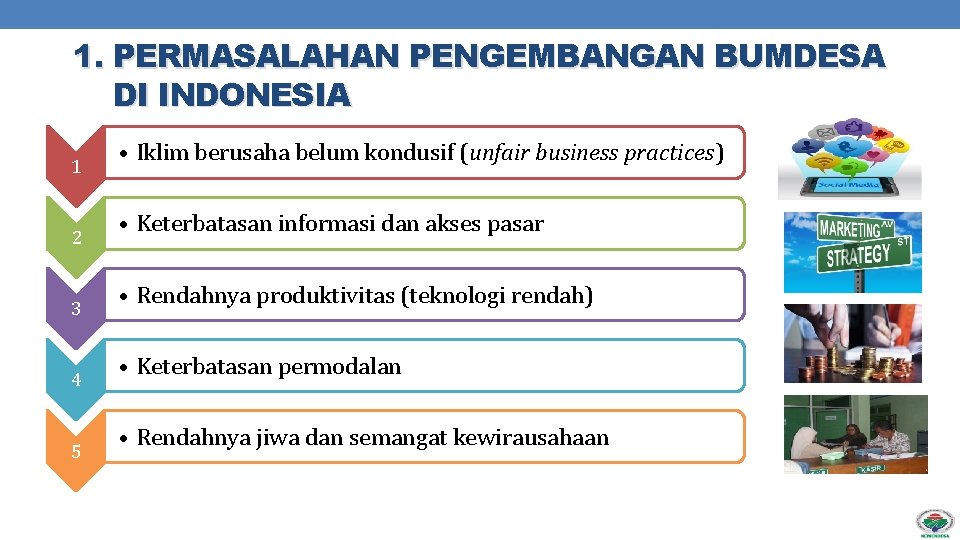1. PERMASALAHAN PENGEMBANGAN BUMDESA DI INDONESIA 1 2 3 4 5 • Iklim berusaha