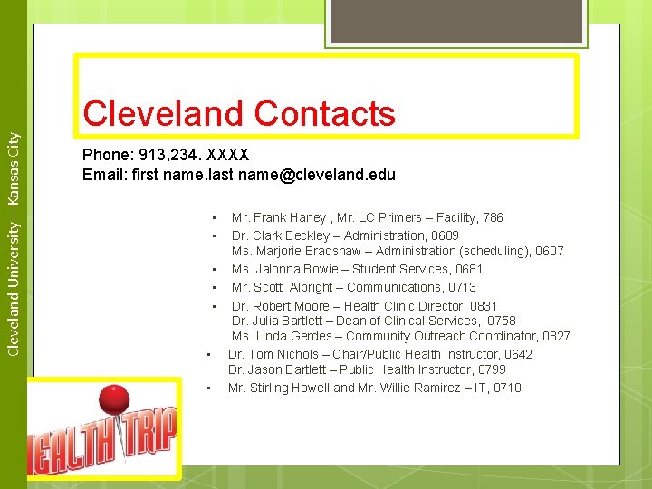 Cleveland University – Kansas City Cleveland Contacts Phone: 913, 234. XXXX Email: first name.