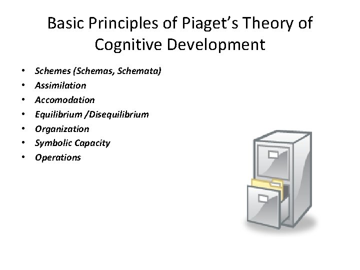 Basic Principles of Piaget’s Theory of Cognitive Development • • Schemes (Schemas, Schemata) Assimilation