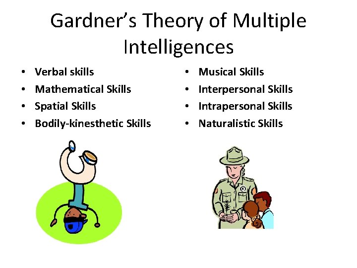 Gardner’s Theory of Multiple Intelligences • • Verbal skills Mathematical Skills Spatial Skills Bodily-kinesthetic