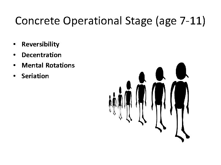 Concrete Operational Stage (age 7 -11) • • Reversibility Decentration Mental Rotations Seriation 
