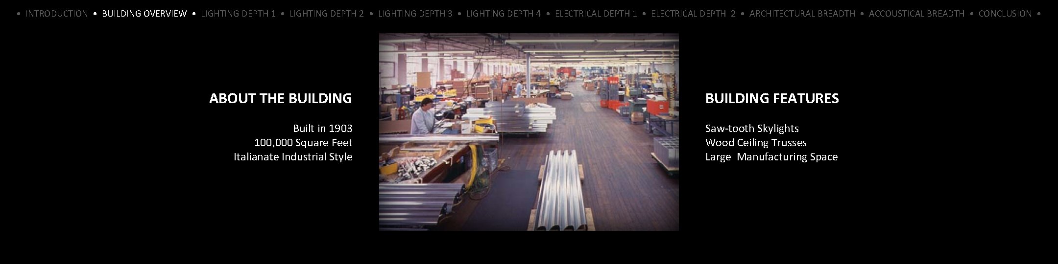 • INTRODUCTION • BUILDING OVERVIEW • LIGHTING DEPTH 1 • LIGHTING DEPTH 2