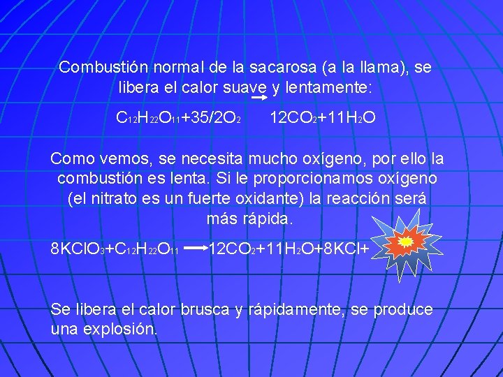 Combustión normal de la sacarosa (a la llama), se libera el calor suave y