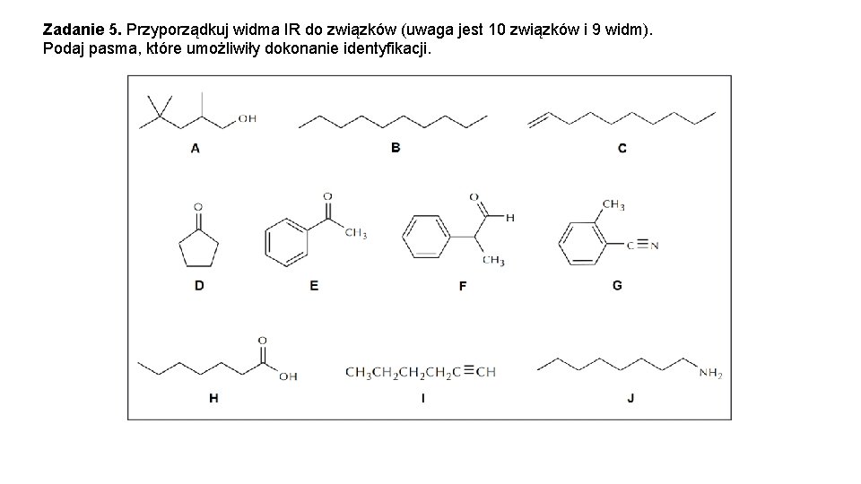 Zadanie 5. Przyporządkuj widma IR do związków (uwaga jest 10 związków i 9 widm).