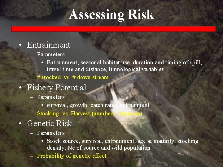 Assessing Risk • Entrainment – Parameters • Entrainment, seasonal habitat use, duration and timing