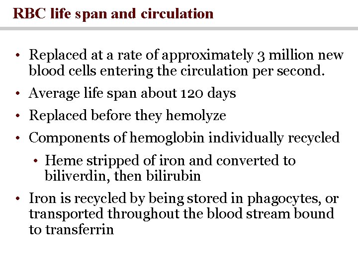 RBC life span and circulation • Replaced at a rate of approximately 3 million