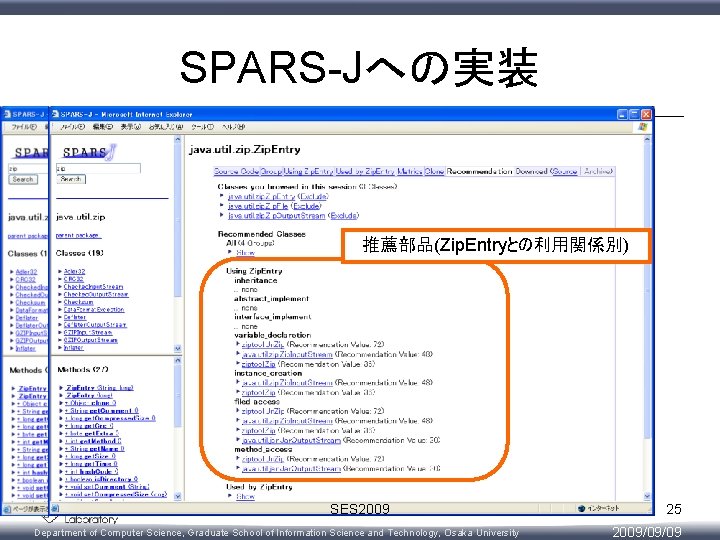 SPARS-Jへの実装 セッション中で表示した部品 推薦部品(Zip. Entryとの利用関係別) 推薦部品 SES 2009 Department of Computer Science, Graduate School of