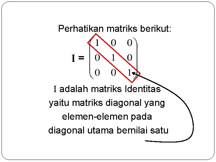 Perhatikan matriks berikut: I= I adalah matriks Identitas yaitu matriks diagonal yang elemen-elemen pada