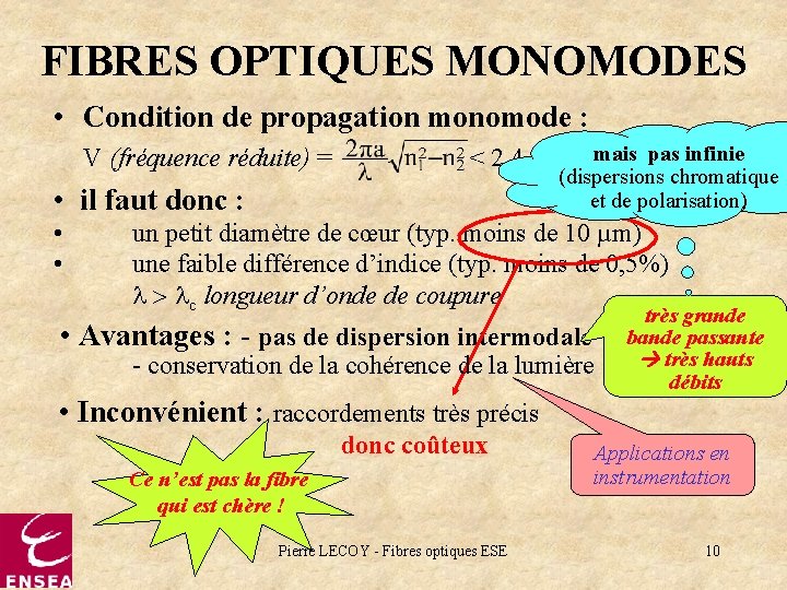 FIBRES OPTIQUES MONOMODES • Condition de propagation monomode : V (fréquence réduite) = <