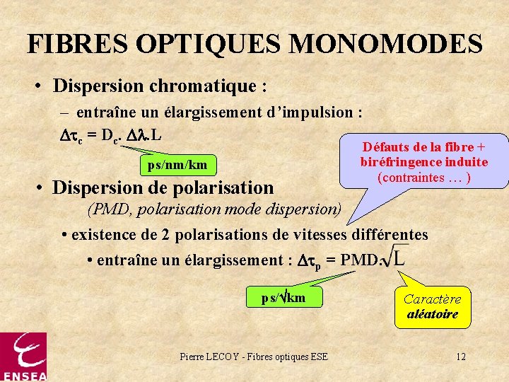 FIBRES OPTIQUES MONOMODES • Dispersion chromatique : – entraîne un élargissement d’impulsion : Dtc