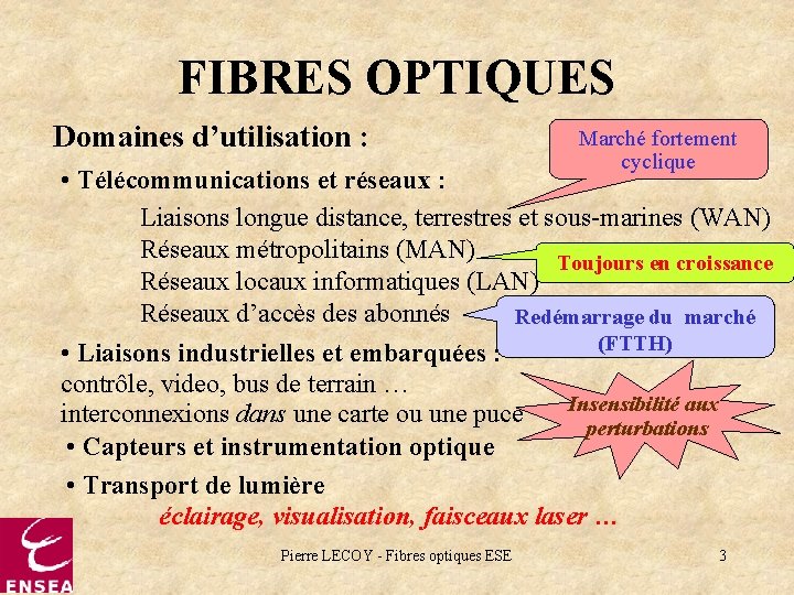 FIBRES OPTIQUES Domaines d’utilisation : Marché fortement cyclique • Télécommunications et réseaux : Liaisons