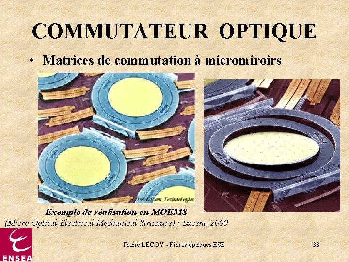 COMMUTATEUR OPTIQUE • Matrices de commutation à micromiroirs Exemple de réalisation en MOEMS (Micro