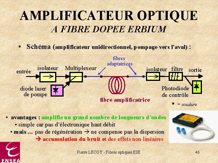 AMPLIFICATEUR OPTIQUE A FIBRE DOPEE ERBIUM • Schéma (amplificateur unidirectionnel, pompage vers l'aval) :