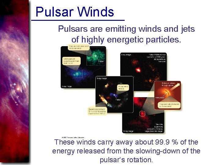 Pulsar Winds Pulsars are emitting winds and jets of highly energetic particles. These winds
