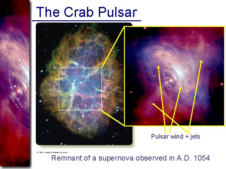 The Crab Pulsar wind + jets Remnant of a supernova observed in A. D.