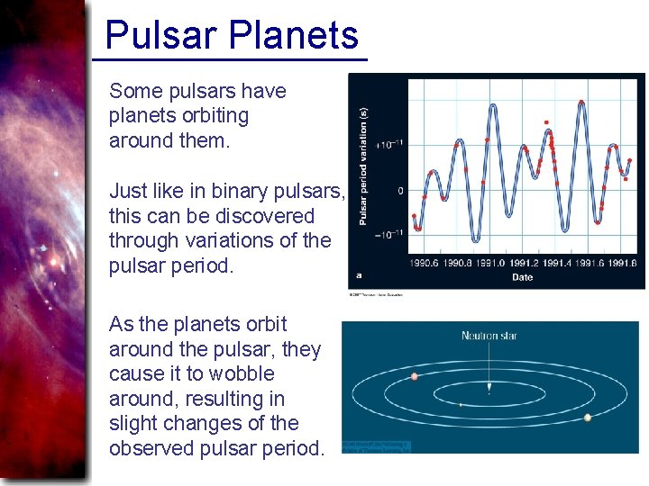 Pulsar Planets Some pulsars have planets orbiting around them. Just like in binary pulsars,