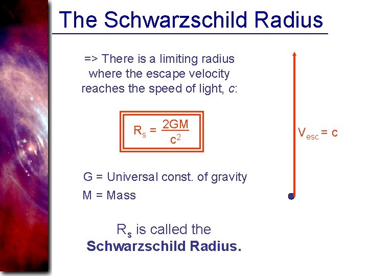 The Schwarzschild Radius => There is a limiting radius where the escape velocity reaches