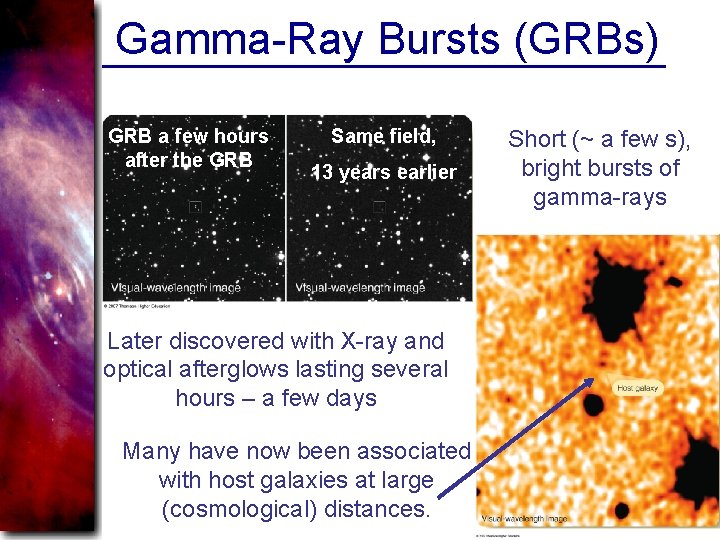 Gamma-Ray Bursts (GRBs) GRB a few hours after the GRB Same field, 13 years