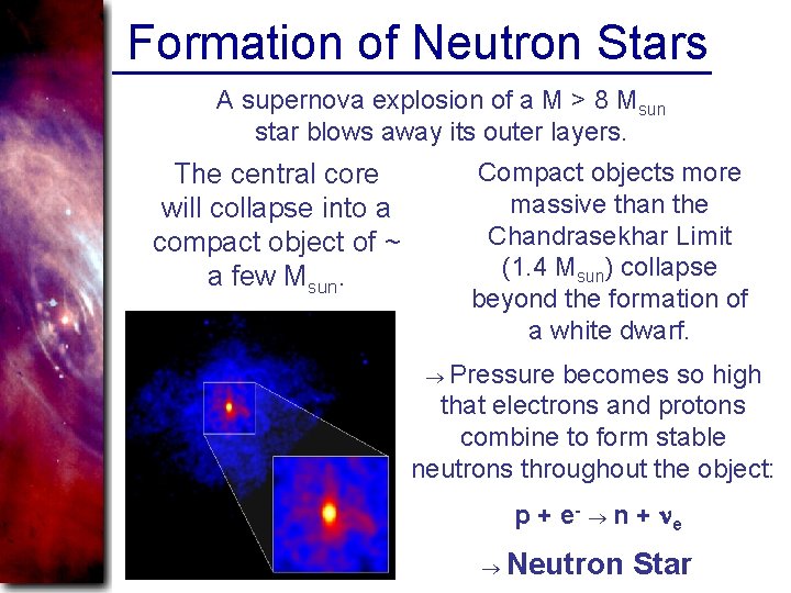 Formation of Neutron Stars A supernova explosion of a M > 8 Msun star