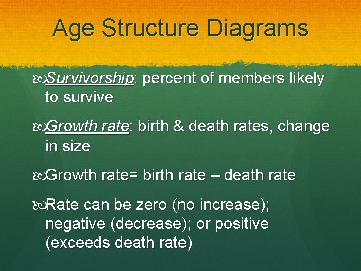 Age Structure Diagrams Survivorship: percent of members likely to survive Growth rate: birth &