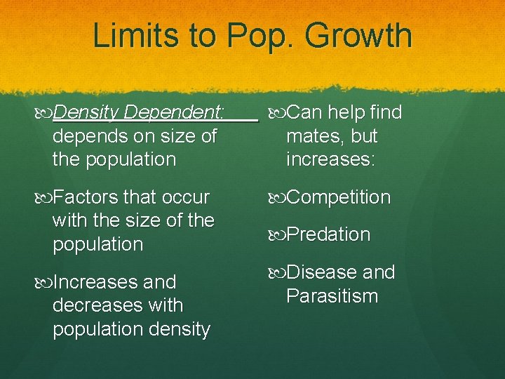Limits to Pop. Growth Density Dependent: depends on size of the population Can help