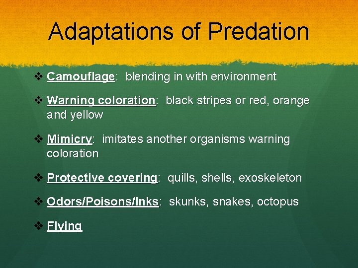Adaptations of Predation v Camouflage: blending in with environment v Warning coloration: black stripes