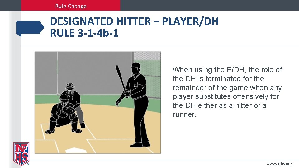 Rule Change DESIGNATED HITTER – PLAYER/DH RULE 3 -1 -4 b-1 When using the