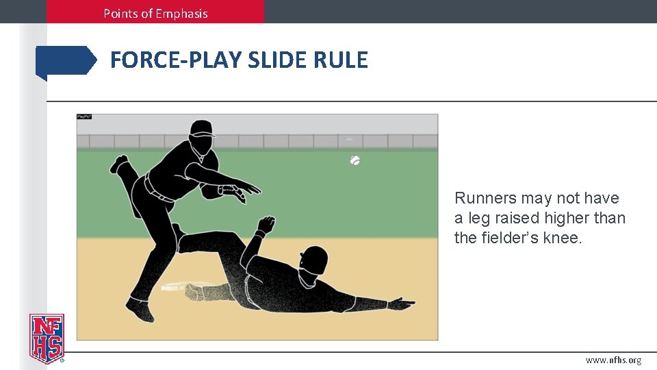 Points of Emphasis FORCE-PLAY SLIDE RULE Runners may not have a leg raised higher