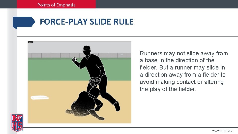 Points of Emphasis FORCE-PLAY SLIDE RULE Runners may not slide away from a base