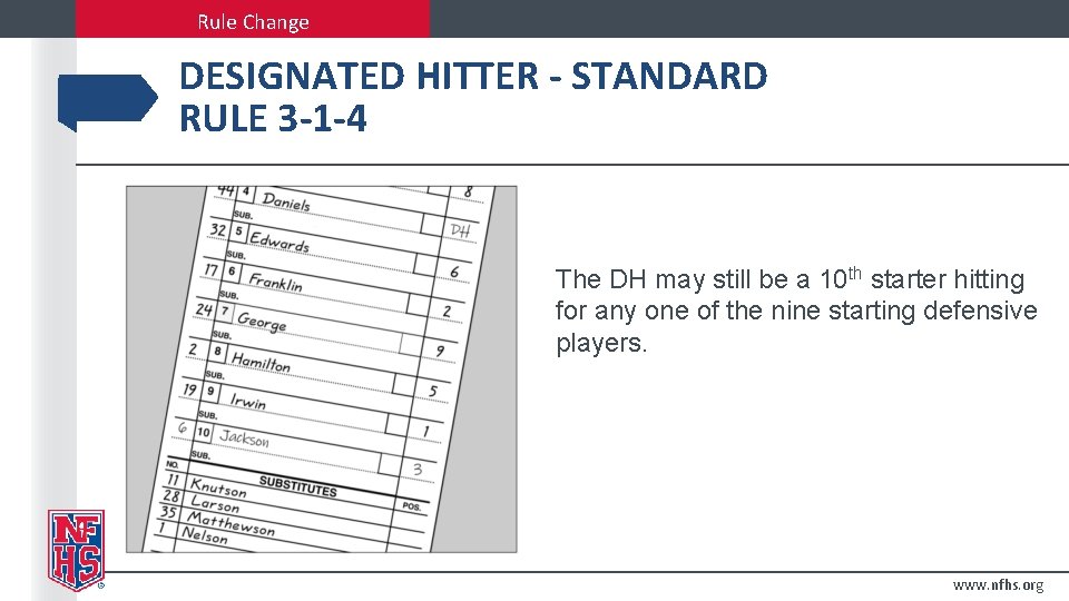 Rule Change DESIGNATED HITTER - STANDARD RULE 3 -1 -4 The DH may still