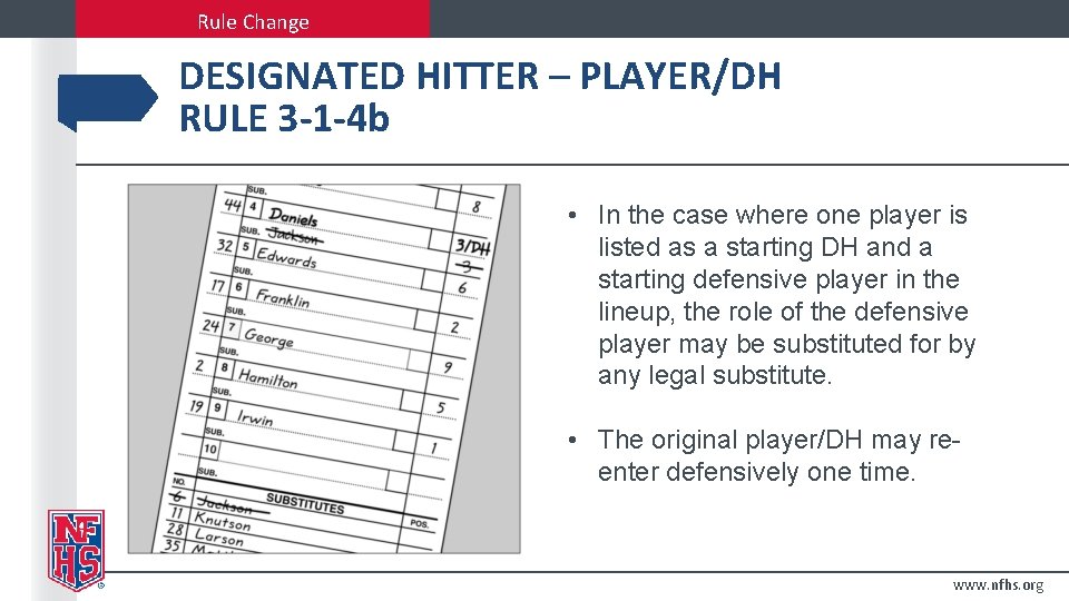 Rule Change DESIGNATED HITTER – PLAYER/DH RULE 3 -1 -4 b • In the