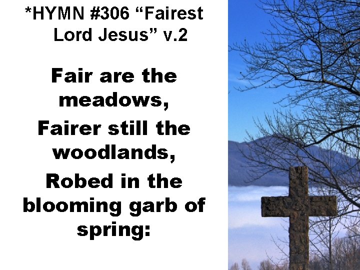 *HYMN #306 “Fairest Lord Jesus” v. 2 Fair are the meadows, Fairer still the