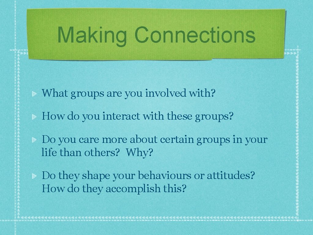 Making Connections What groups are you involved with? How do you interact with these