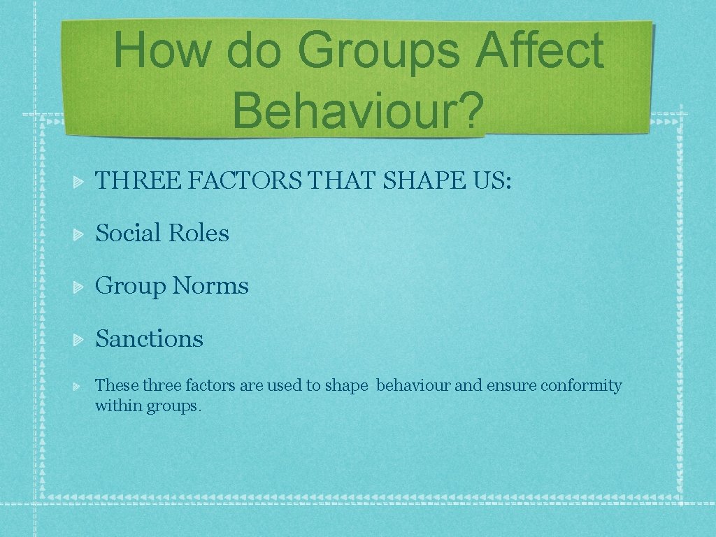 How do Groups Affect Behaviour? THREE FACTORS THAT SHAPE US: Social Roles Group Norms