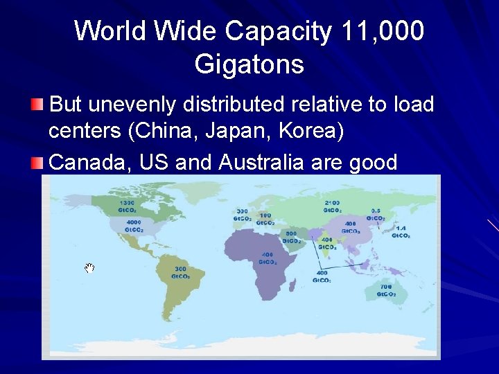 World Wide Capacity 11, 000 Gigatons But unevenly distributed relative to load centers (China,