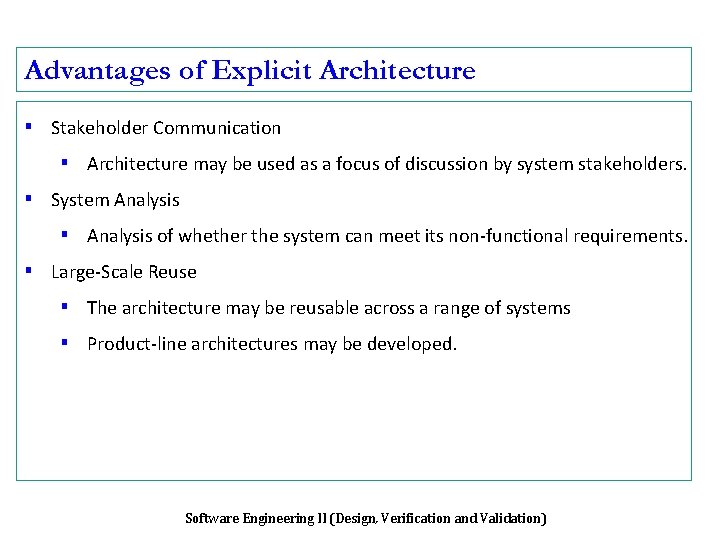 Advantages of Explicit Architecture ▪ Stakeholder Communication ▪ Architecture may be used as a