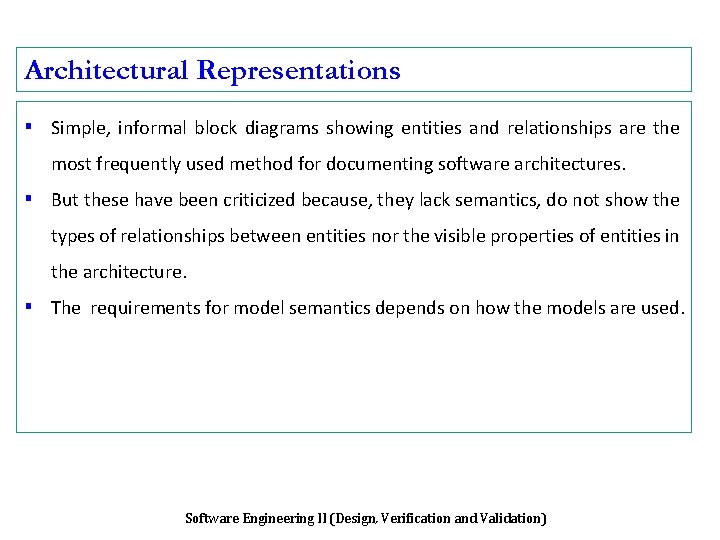 Architectural Representations ▪ Simple, informal block diagrams showing entities and relationships are the most
