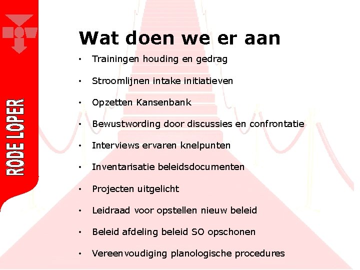 Wat doen we er aan • Trainingen houding en gedrag • Stroomlijnen intake initiatieven